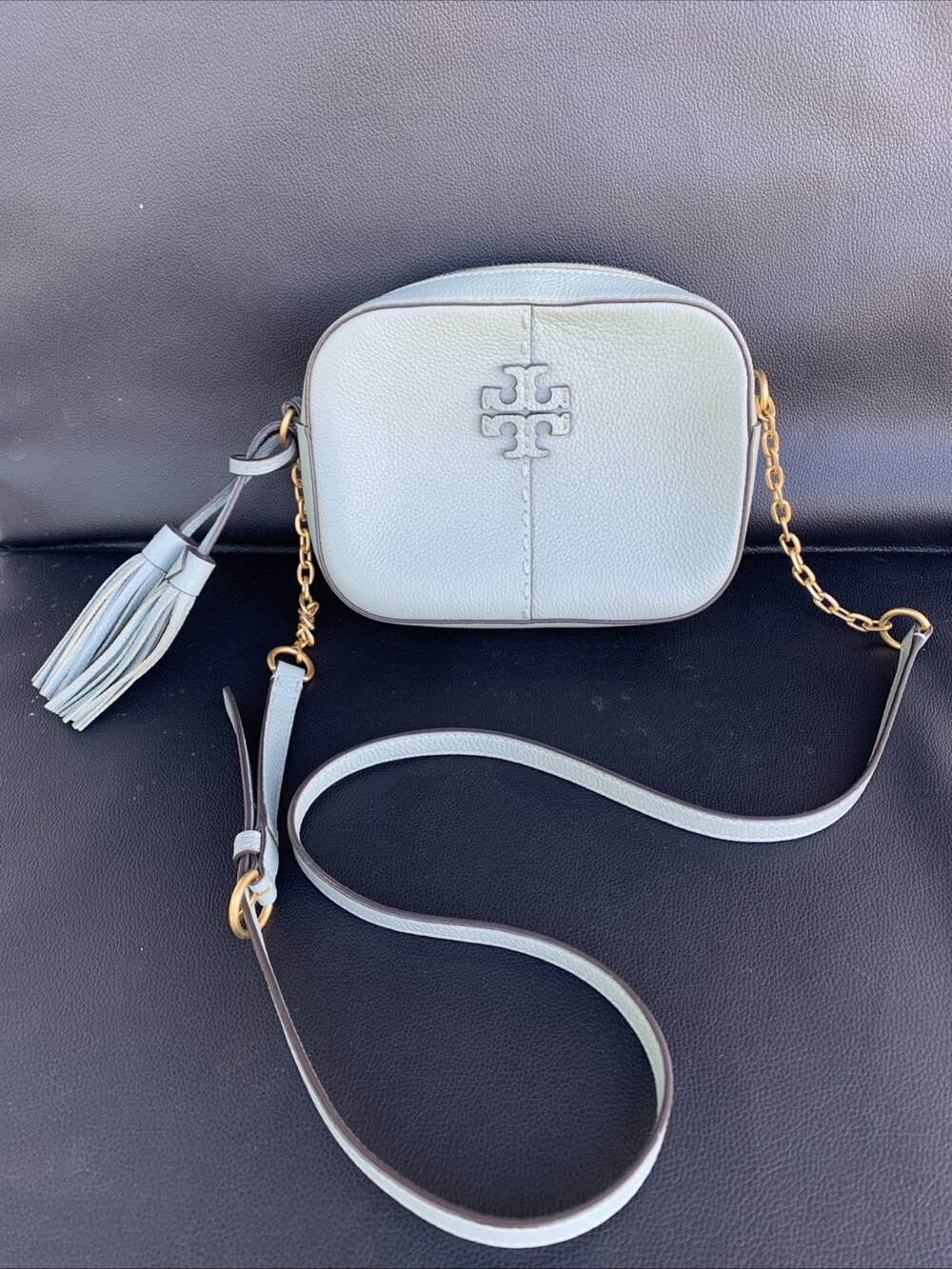 Tory Burch McGraw Camera Light Blue Gray Crossbody Bag Pebbled Leather